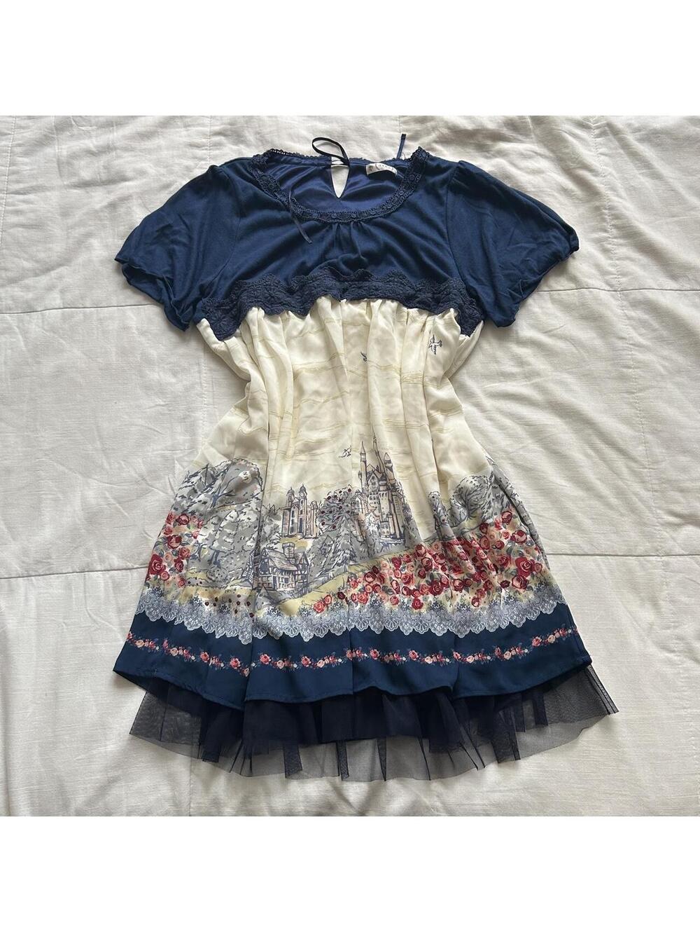 Axes Femme Navy Castle Rose Scenic Print Lace Dress Medium Japan